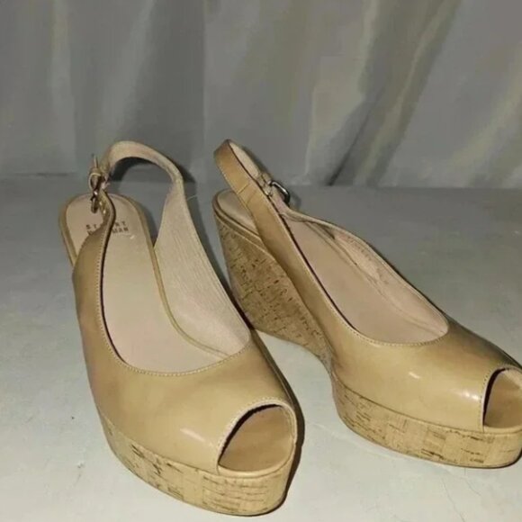 Stuart Weitzman Nude Patent Leather Cork‎ Wedges Sz 8.5 M - Picture 2 of 3